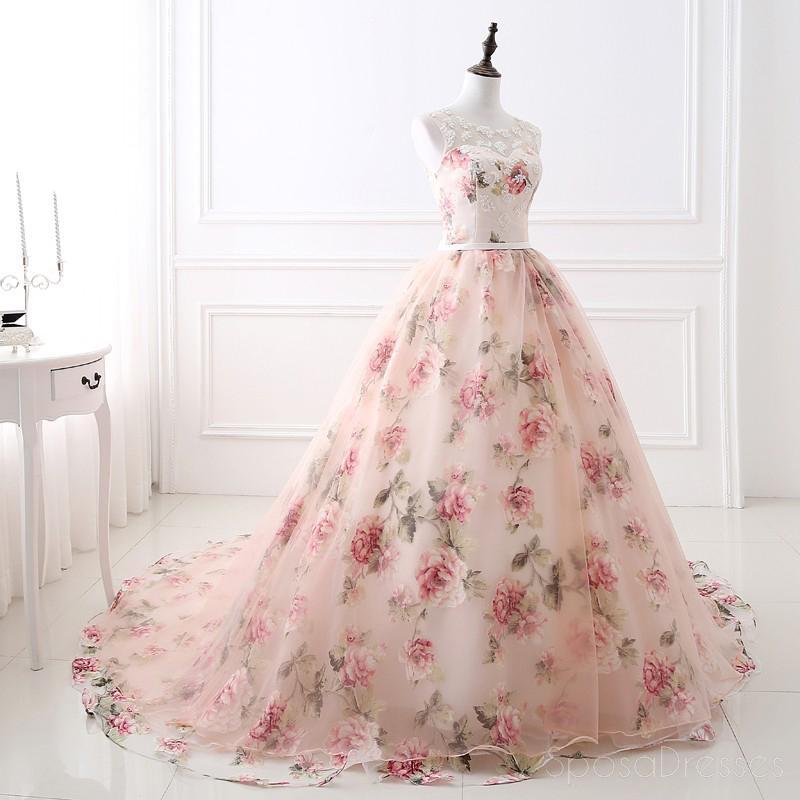 Μοναδικό ύφασμα λουλουδιών A-line Bateau Lace Long Evening Prom Dresses, Sparkly Sweet 16 φορέματα, 18343