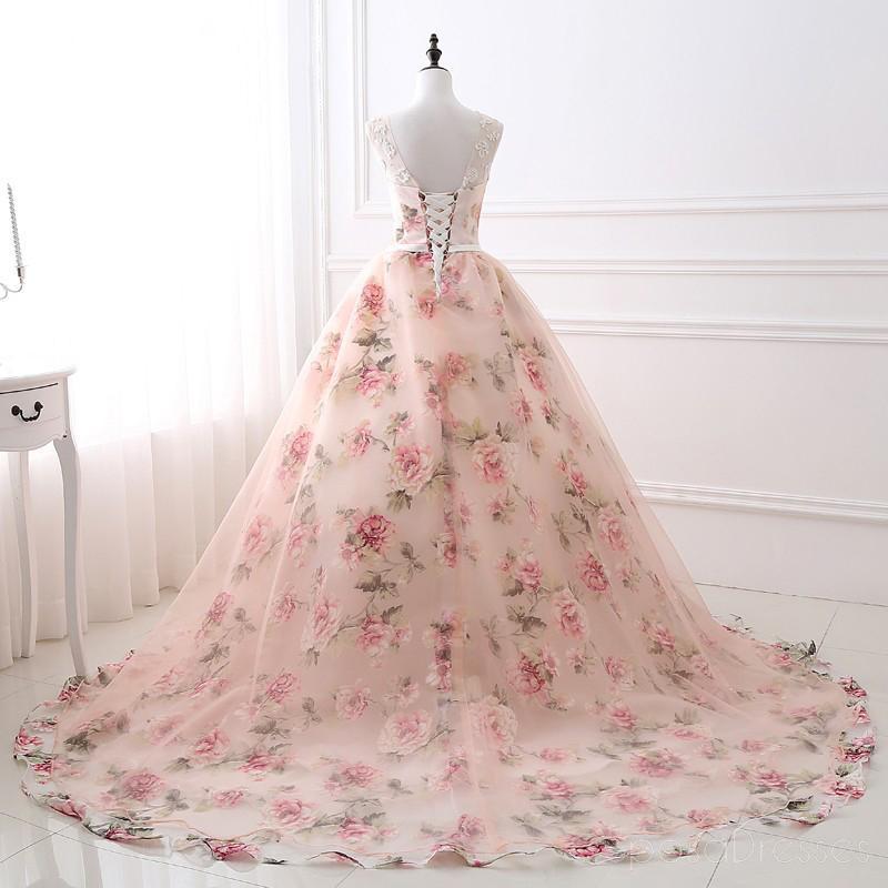 Μοναδικό ύφασμα λουλουδιών A-line Bateau Lace Long Evening Prom Dresses, Sparkly Sweet 16 φορέματα, 18343