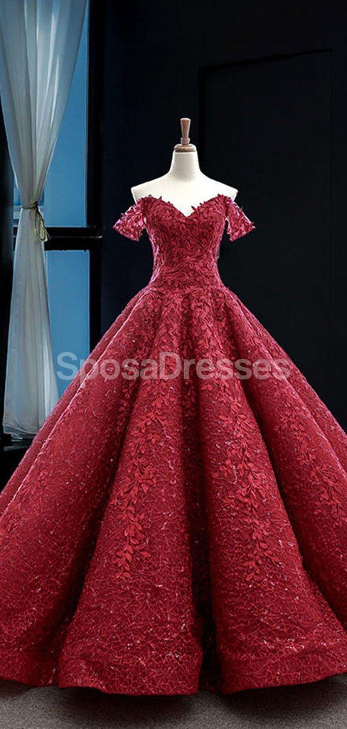 Off Schulter Dunkel Rot Spitze Ball Gown Abend Prom Dresses, Abend Party Prom Dresses, 12258