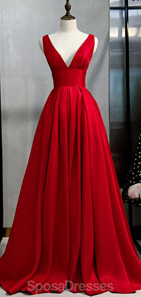 V Neck Simple Red A-Line Long Evening Prom Dresses, Abendparty Prom Dresses, 12332