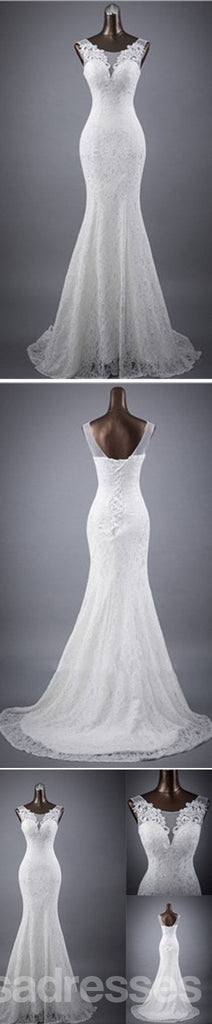 Elegant Sleeveless Mermaid Lace Up Popular White Lace Wedding Dresses, WD0142