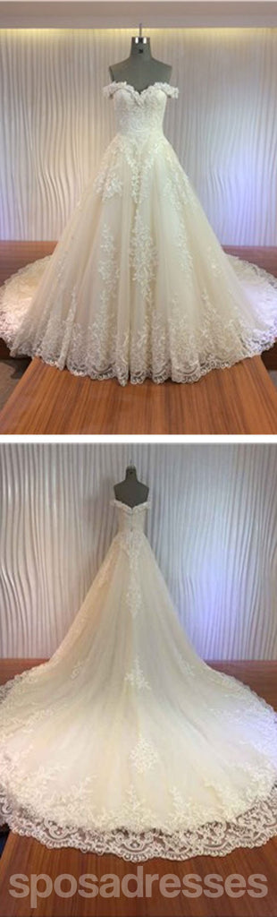 Vestidos de novia largos de encaje con hombros descubiertos y una línea de encaje, WD0148