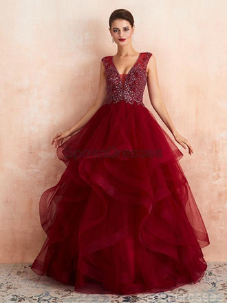Robe de bal de soirée perlée rouge foncé à encolure en V, robes de bal de soirée, 12136