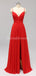 Fentes latérales bretelles spaghetti rouge en mousseline de soie longues robes de demoiselle d'honneur pas cher en ligne, WG592