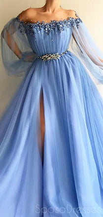 Scoop Off The Shoulder Slit Blue Cheap Long Prom Dresses, Sweet 16 Prom Dresses, 12367