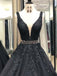 V-cou dentelle noire perlée A-ligne longues robes de bal de soirée, pas cher personnalisé Sweet 16 robes, 18553