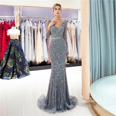 Mangas compridas Cinza Strass Fortemente Beaded Mermaid Evening Prom Dresses, Evening Party Prom Dresses, 12038