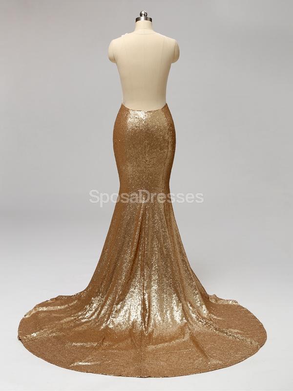 Lentejuelas de oro Ver a Través de Sirena Barato Vestidos de Dama de honor en Línea, WG595