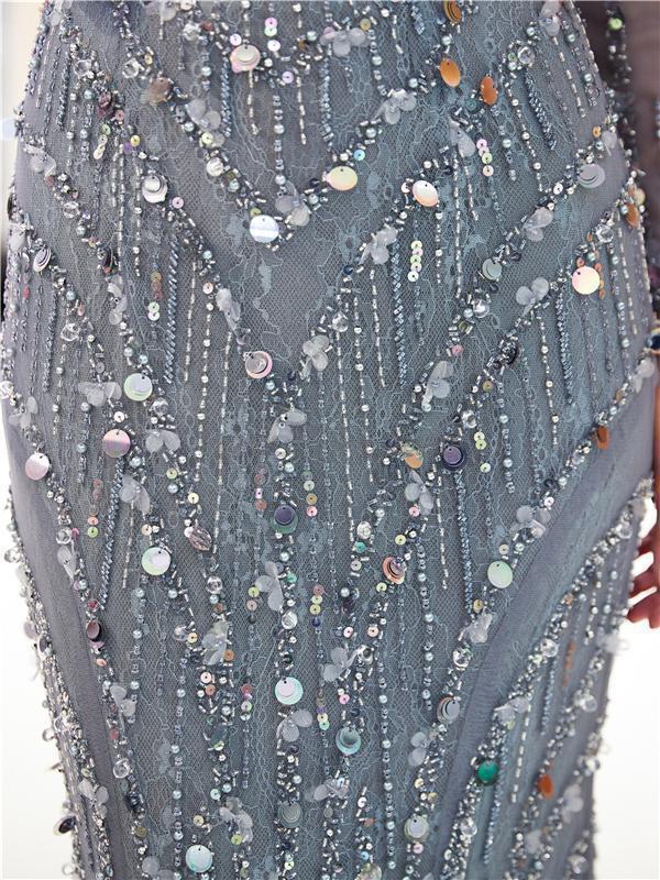 Μακριά Μανίκια Γκρι Rhinestone μεγάλο Βαθμό Beaded Γοργόνα Βράδυ Φορέματα Prom, Βράδυ Πάρτι, Φορέματα Prom, 12038