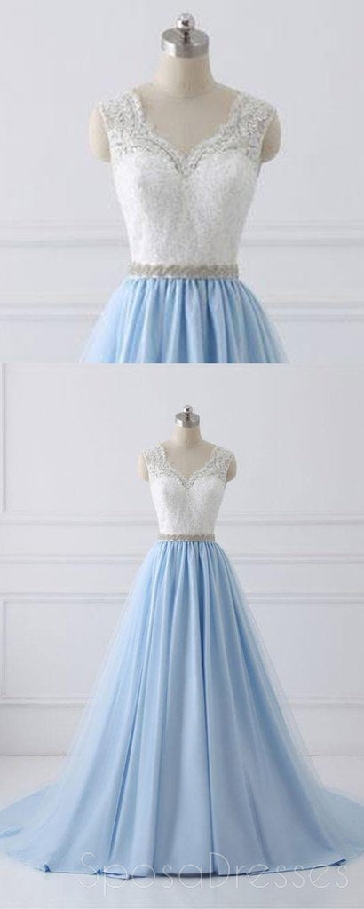 V Neck Lace Straps A line Blue Skirt Long Evening Prom Dresses, 17554