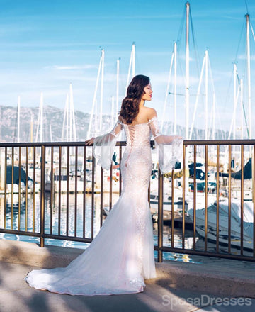 Off The Shoulder Long Sleeves Mermaid Wedding Dresses, Cheap Wedding Gown, WD711