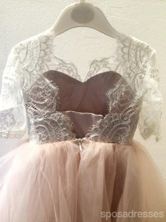 Robes de demoiselle d'honneur en tulle rose à manches longues en dentelle, robes de petite fille populaires à dos en V, FG027