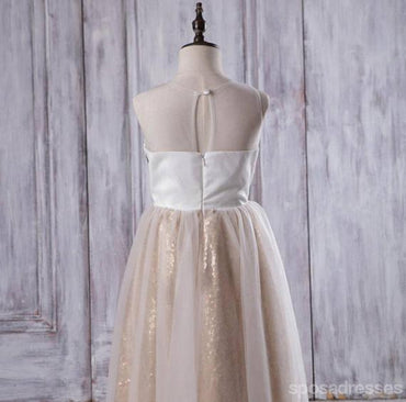 Illusion Ivoire Dentelle Tulle Robes De Fille De Fleur Avec Jupe Sequin Or, Robes De Demoiselle D'honneur Junior Pas Cher, FG060