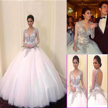 Décolleté en pointe bon marché long lacet d'argent de manche arrières robes de mariée de robe de boule ouvertes, WD0151