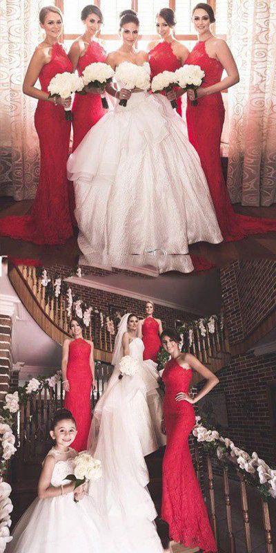 Γοητευτικά δημοφιλή κόκκινα Halter σέξι γοργόνα Lace Long Wedding Guest Bridesmaid Dresses, WG152