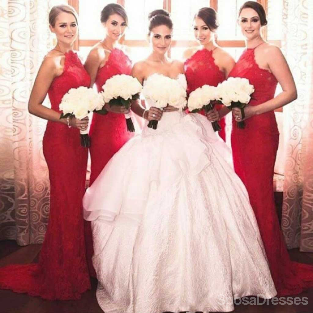 Charming Popular Red Halter Sexy Mermaid Lace Long Bridesmaid Dresses, WG152
