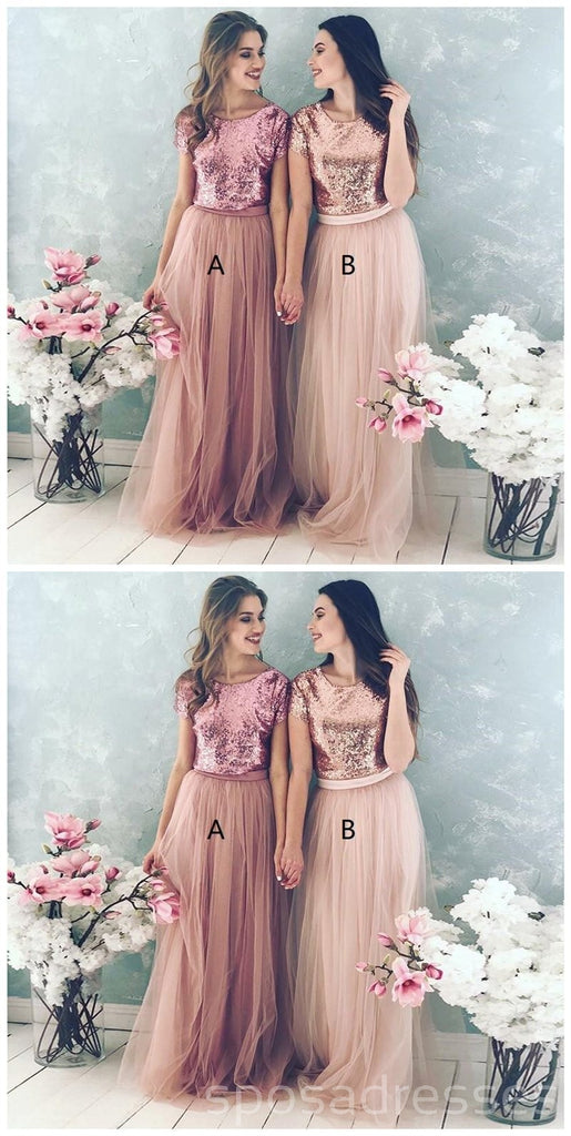Sequin Bodice Tulle Rock Billig Brautjungfer mit Ärmeln, WG218