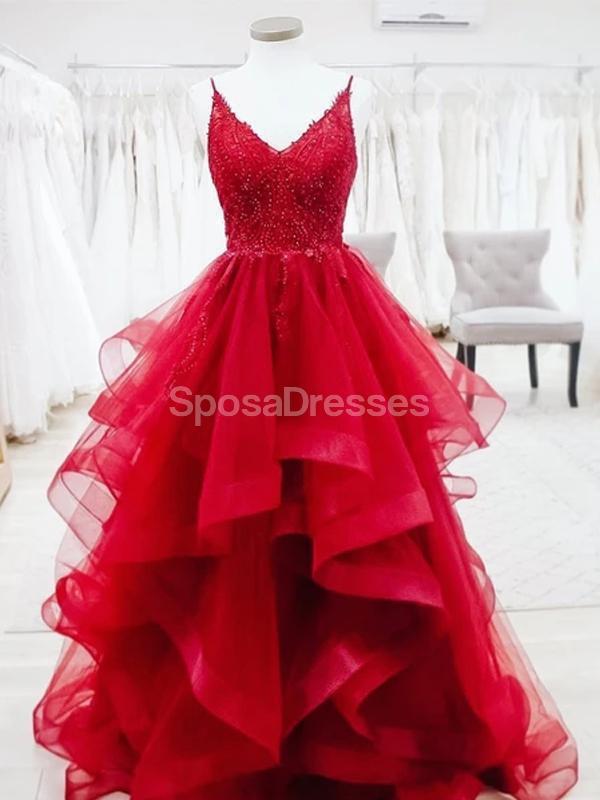 Κόκκινο Σπαγγέτι ιμάντες δαντέλα χάντρες βολάν βράδυ prom φορέματα, βραδινό κόμμα prom φορέματα, 12277