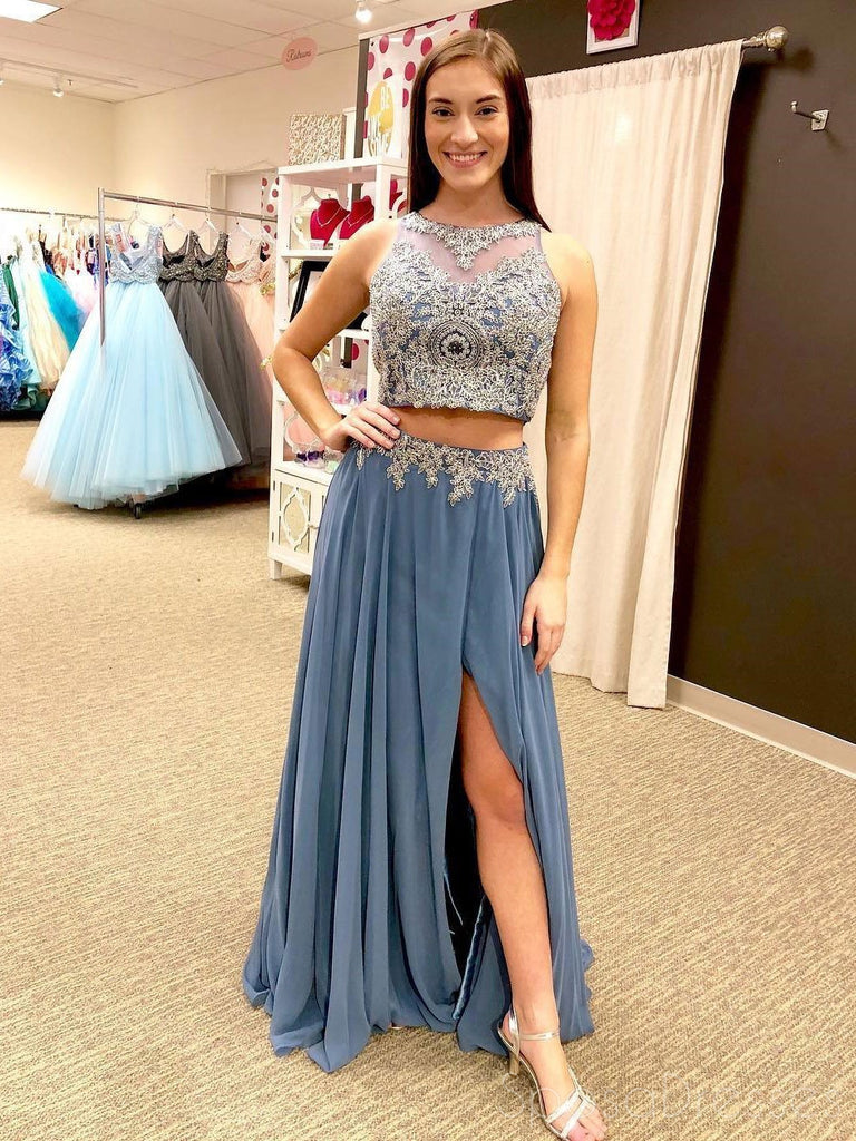 Sexy Two Pieces Halter Dusty Blue Lace Beaded Side Slit Long Evening Prom Dresses, 17357