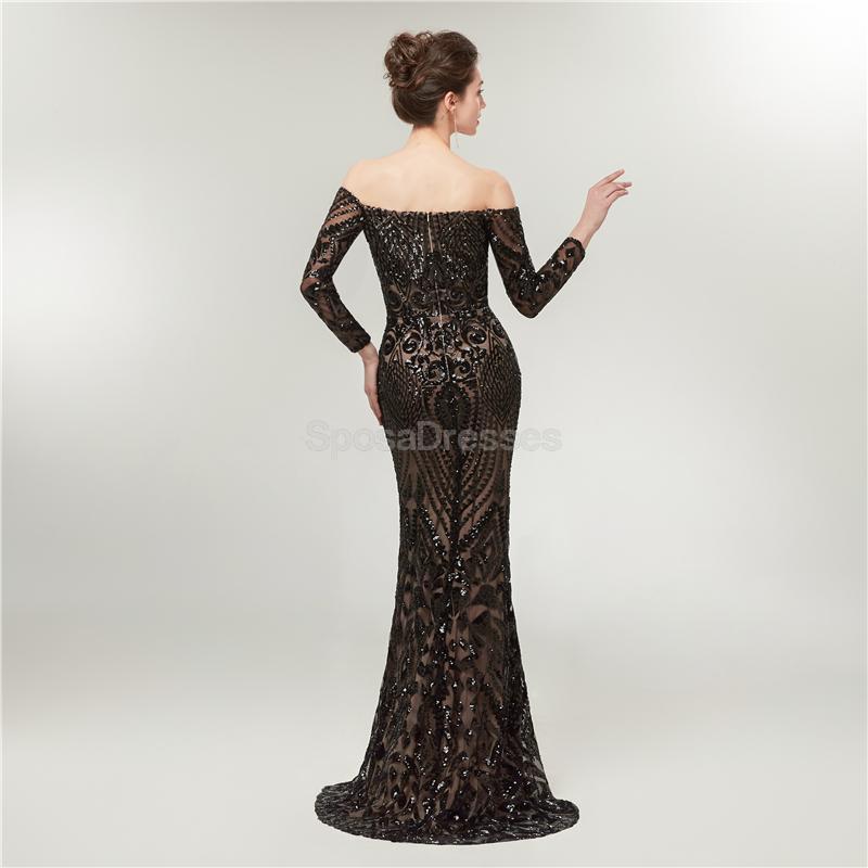 Hors épaule manches longues noir sirène scintillante longues robes de bal de soirée, robes de soirée de bal, 12014