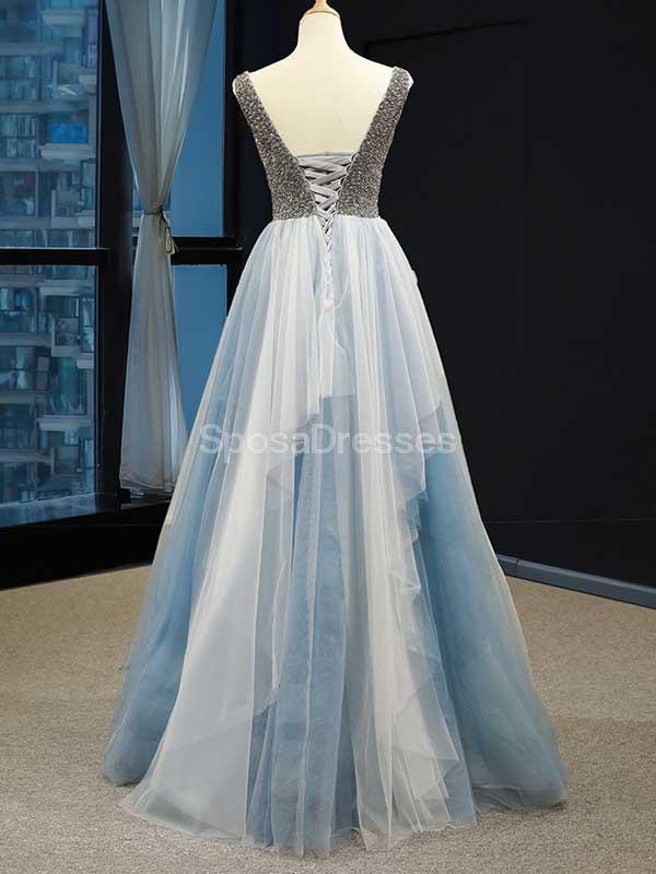 Μοναδικό v λαιμό βολάν μπλε μακρύ βράδυ Prom φορέματα, Βραδινό Κόμμα Prom Φορέματα, 12229