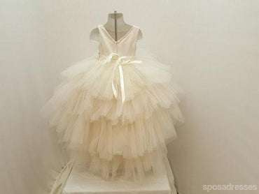 Ivoire Satin Haut de Strass Ceinture Hi-low Tulle Robes de Fille de Fleur, pas Cher Peu de Robes de Fille de, FG028