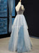 Μοναδικό v λαιμό βολάν μπλε μακρύ βράδυ Prom φορέματα, Βραδινό Κόμμα Prom Φορέματα, 12229