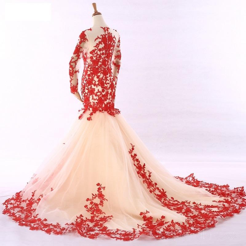 Long Sleeves Red Lace Mermaid Evening Prom Φορέματα, Φτηνές Προσαρμοσμένα Γλυκά 16 Φορέματα, 18531