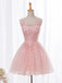 Open Back Pink Lace Beaded Short Homecoming Prom Dresses, Προσιτό κοντό πάρτι Prom Sweet 16 φορέματα, τέλεια φορέματα κοκτέιλ Homecoming, CM369