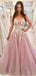 Φορέματα V Neck A-line Lace Pink Long Evening Prom Dresses, Cheap Custom Sweet 16 Dresses, 18445