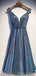 Paillettes Col en V Dusty Bleu à Paillettes Robes de bal en Ligne, pas Cher Court Robes de Bal, CM758