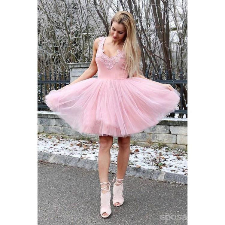 Φτηνές V Τούλι Λαιμό Χαριτωμένο Ροζ Φορέματα Homecoming 2018, CM439