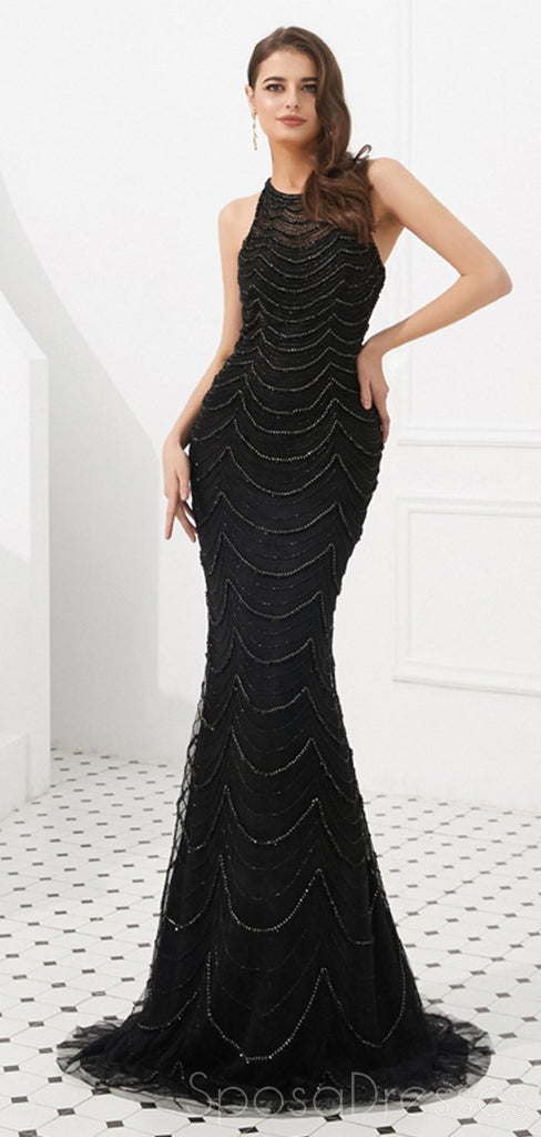 Halter Heavily Beaded Black Lace Mermaid Evening Prom Robes, Evening Party Prom Robes, 12092