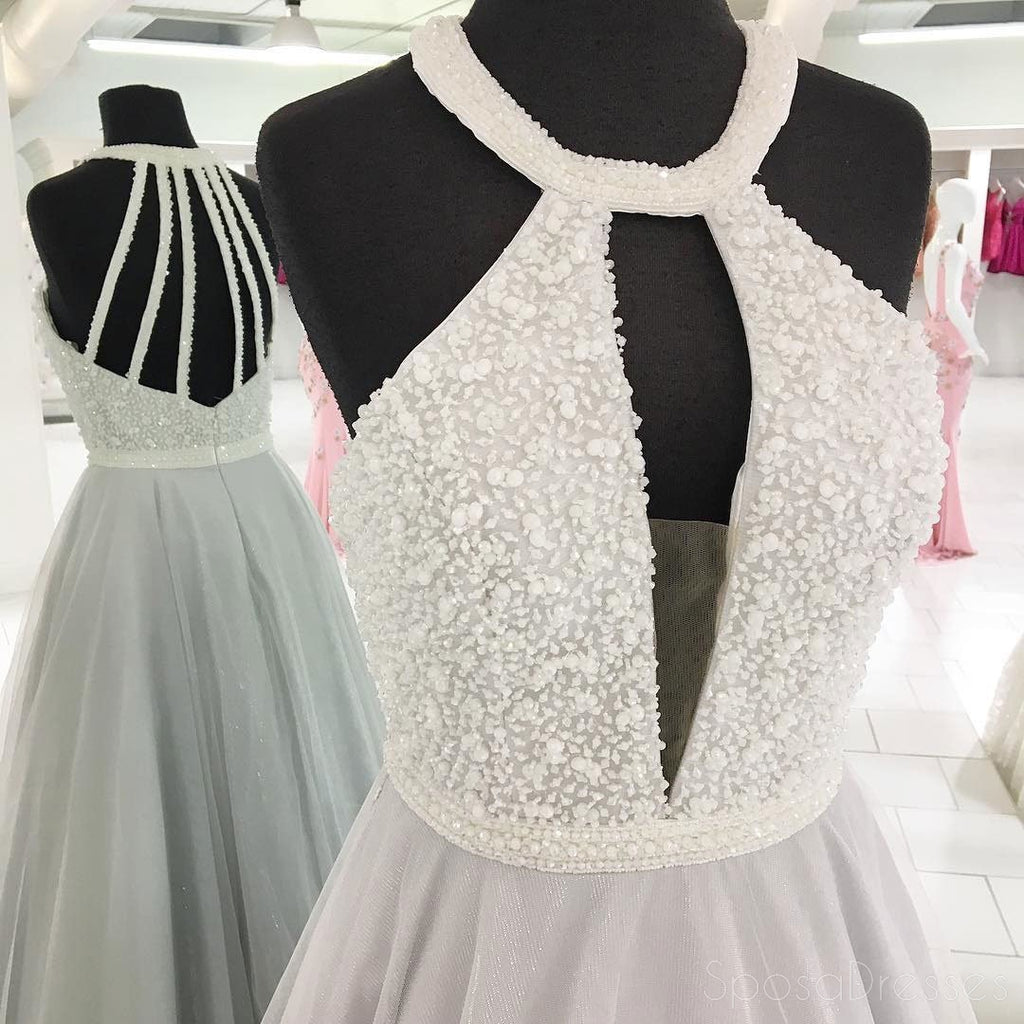 2018 Cheap Elegant Fashion Sexy Halter Tulle Beaded A line Custom Grey Long Evening Prom Dresses, 17359