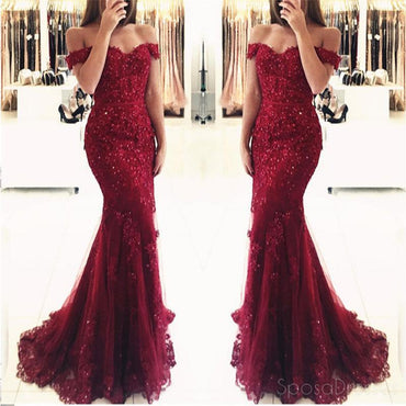 Vestidos de fiesta de noche de sirena con cuentas de encaje rojo oscuro con hombros descubiertos, vestidos de fiesta populares de fiesta 2018, vestidos de fiesta largos personalizados, vestidos de fiesta formales baratos, 17207