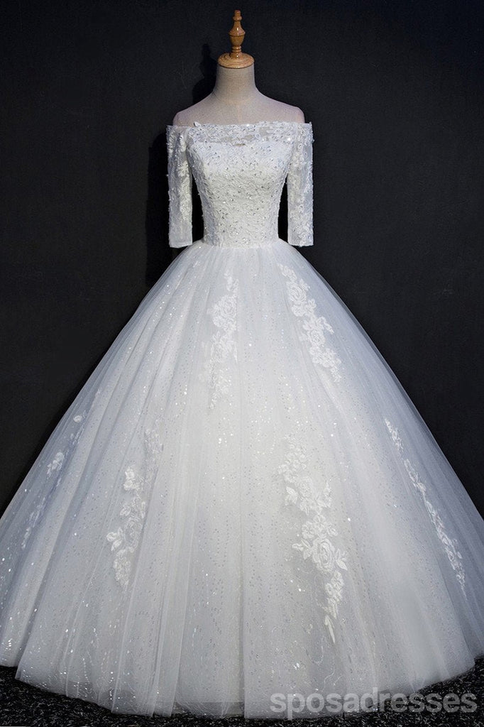 Από τον Ώμο Μακρύ Μανίκι Δαντέλα διακοσμημένα με Χάντρες Φορέματα Ενός γραμμών Γάμου, Custom Made νυφικά, Φθηνά Νυφικά, WD213
