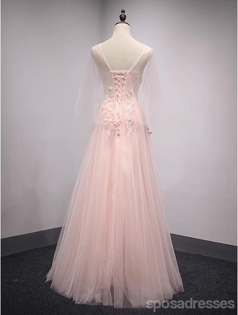 V Neckline Peach Lace Evening Prom Dresses, Popular Lace Party Prom Dresses, Custom Long Prom Dresses, Cheap Formal Prom Dresses, 17188