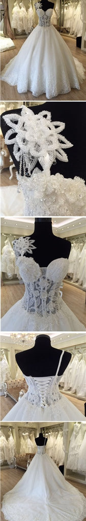 Einzigartiges Design One Shoulder Durchsichtige Brautkleider aus Spitze aus A-Linie, WD0172