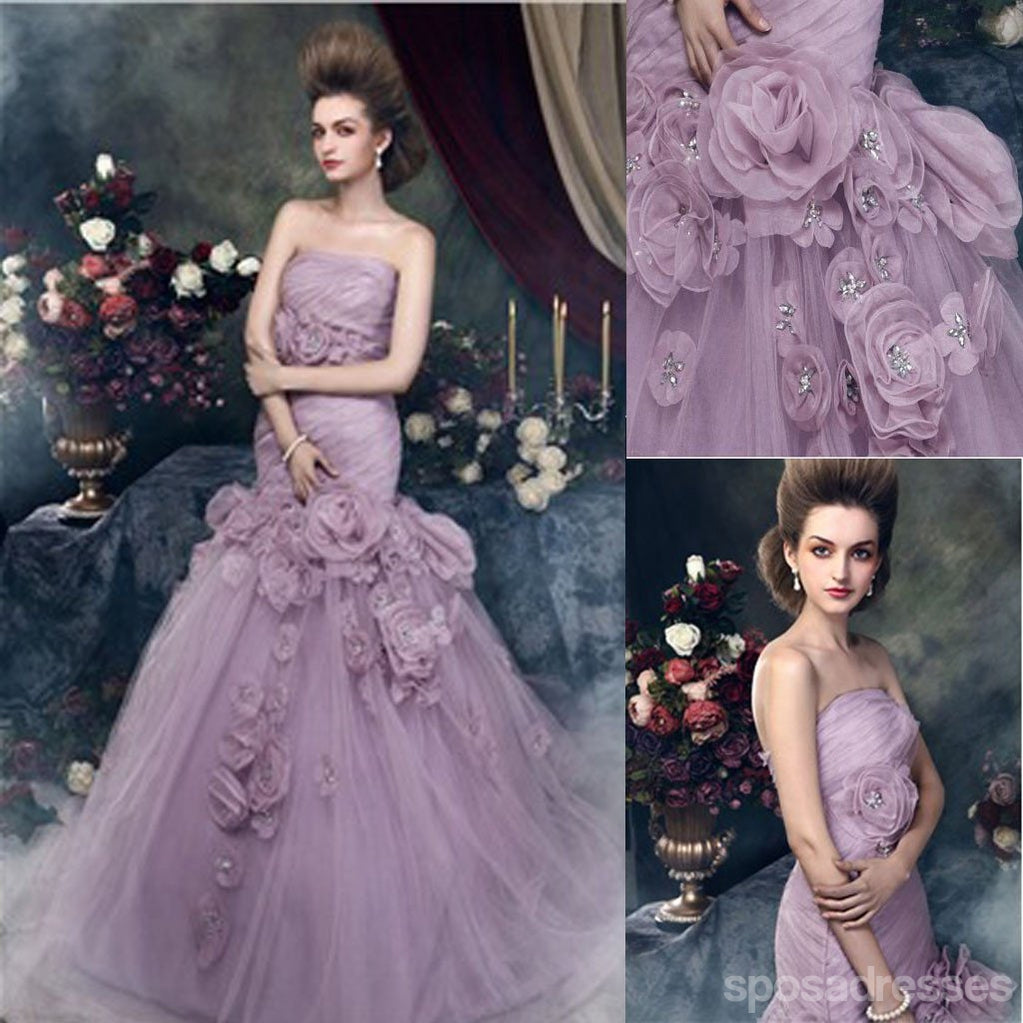 Gorgeous Strapless Mermaid Light Purple Tulle Appliques Wedding Dresses, WD0176