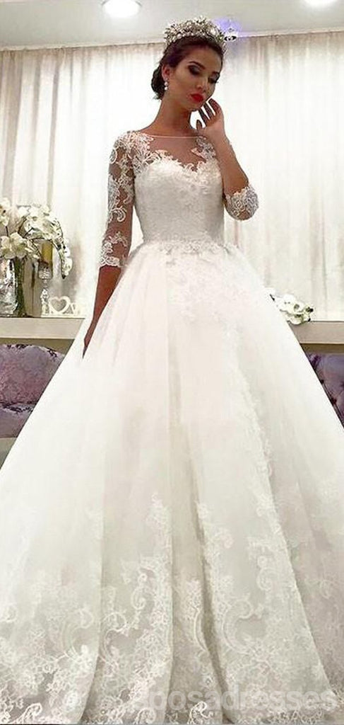 Encaje barato con cuentas una línea de vestidos de novia de manga larga en línea, WD423