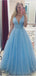 V λαιμόκοψη A-line Tulle Φτηνές Μακριά Βραδινά φορέματα Prom, Custom Sweet16 Φορέματα, 18408