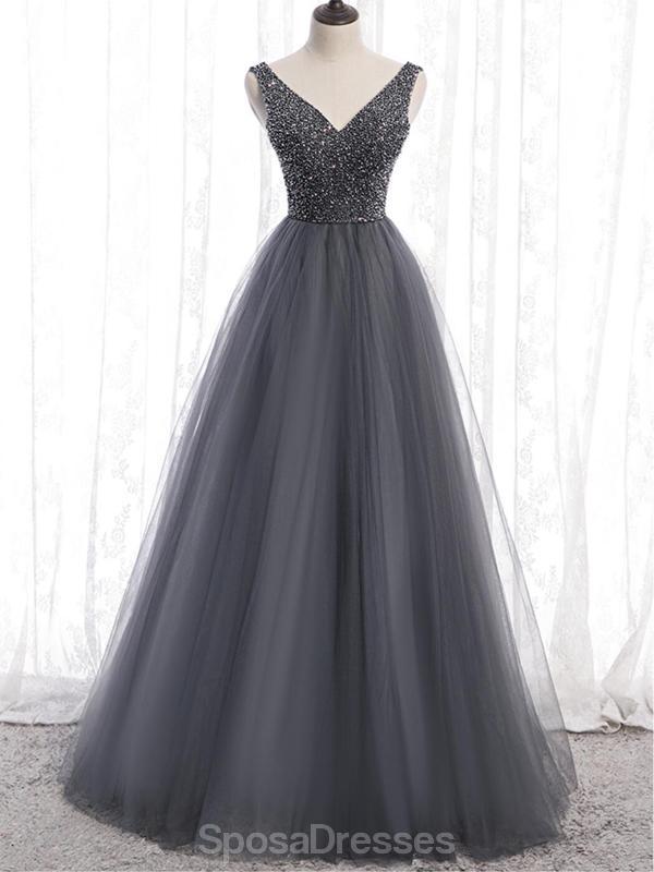 V Λαιμό Γκρι Τούλι διακοσμημένο με Χάντρες Μακρύ Φτηνά Φορέματα Prom Βραδιού, το Κόμμα Βραδιού Prom Φορέματα, 12331