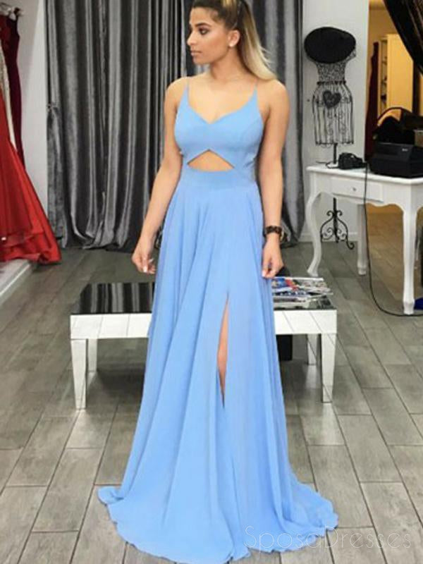 Sexy Simple Backless Blue Side Slit Long Evening Prom Dresses, 17586