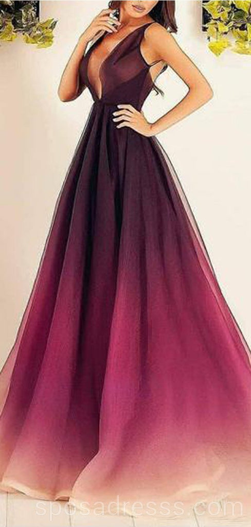 Σέξι Backless Ombre Tulle A-line Long Evening Prom Φορέματα, Φτηνές Custom Sweet 16 Φορέματα, 18564