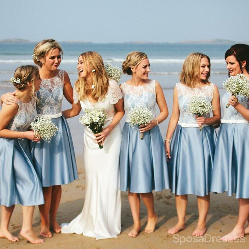 Δημοφιλή Junior Όμορφη Μπλε Σατέν Λευκή Δαντέλα Σύντομο Φορέματα Παράνυμφων για το Καλοκαίρι Παραλία Κόμμα του Γάμου, WG181