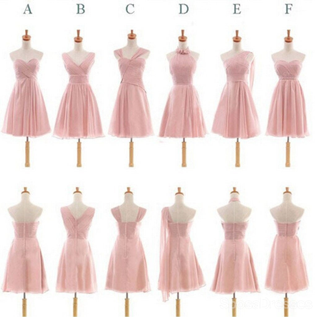 Όμορφη Σιφόν που δεν Ταιριάζουν Διαφορετικά Στυλ Ρουζ σε Ροζ Γόνατο Μήκος Φθηνά Φορέματα Παράνυμφων, WG184