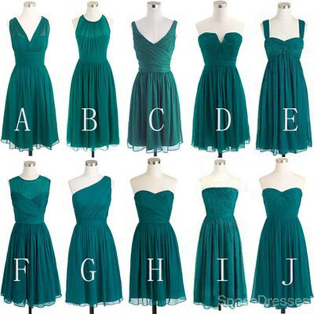 Teal Πράσινο Σιφόν που δεν Ταιριάζουν Διαφορετικά Στυλ Γόνατο Μήκος Φθηνά Σύντομη Φορέματα Παράνυμφων, WG185