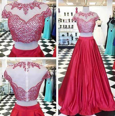 Red Two Pieces Evening Prom Dresses, Cap sleeve Beaded Party Prom Dress, Custom Long Prom Dresses, Cheap Formal Prom Dresses, 17066