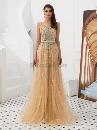 Cowl See Through Gold Beaded A-line Robes de bal de soirée, Evening Party Dresses, 12093
