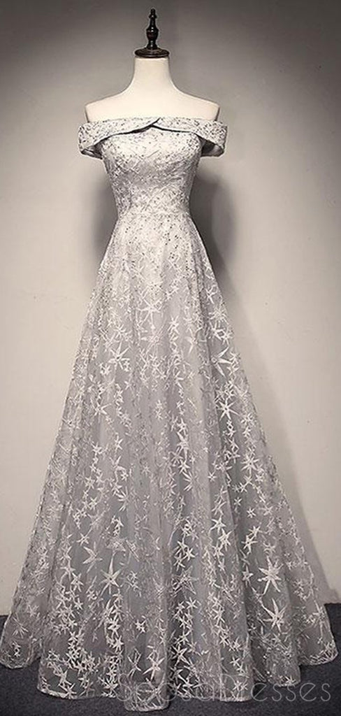 Off ώμο γκρι δαντέλα α-γραμμή μακρύ βράδυ Prom φορέματα, φτηνά γλυκά 16 φορέματα, 18407